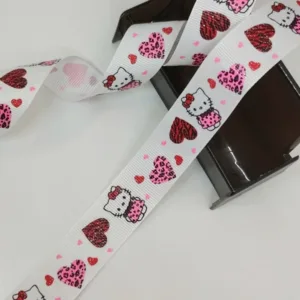 Репсовая лента 22мм белая “Hello Kitty и сердечки”, 50cм