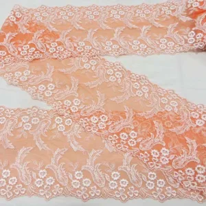 Кружево на сетке, ширина 145мм, цвет: оранжевый с белой вышивкой (50cм)
