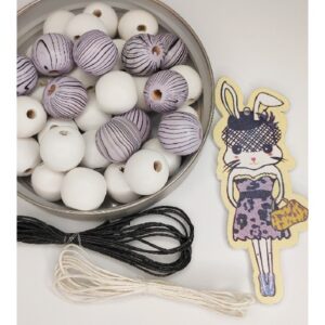 Деревянные бусины арт.WBS.019/~35шт цвет: белый-сиреневый/20мм, подвеска Зайка/3х10,5см